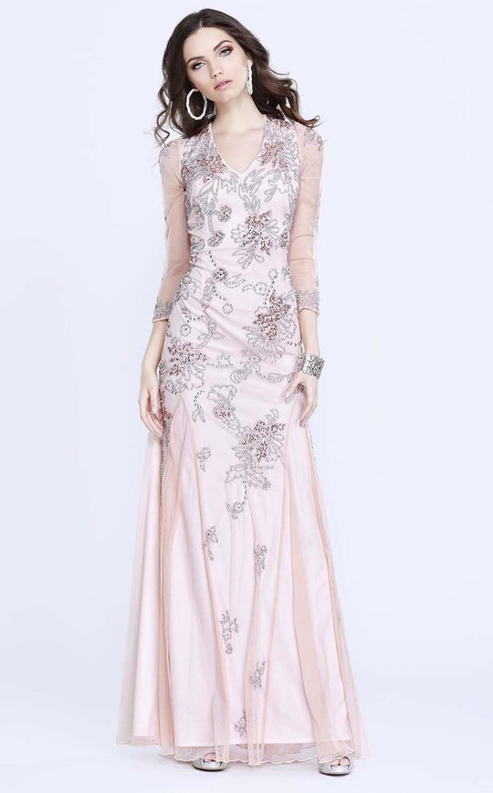 Shail K - 1280 Floral Long Sleeves Long Dress In Pink