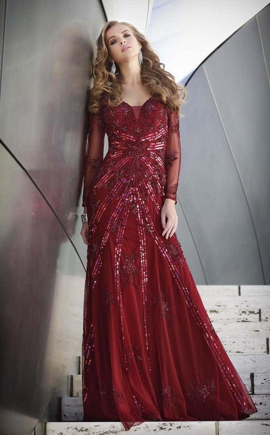 Shail K - 1282 Sequined Long Sleeve Long Gown In Red