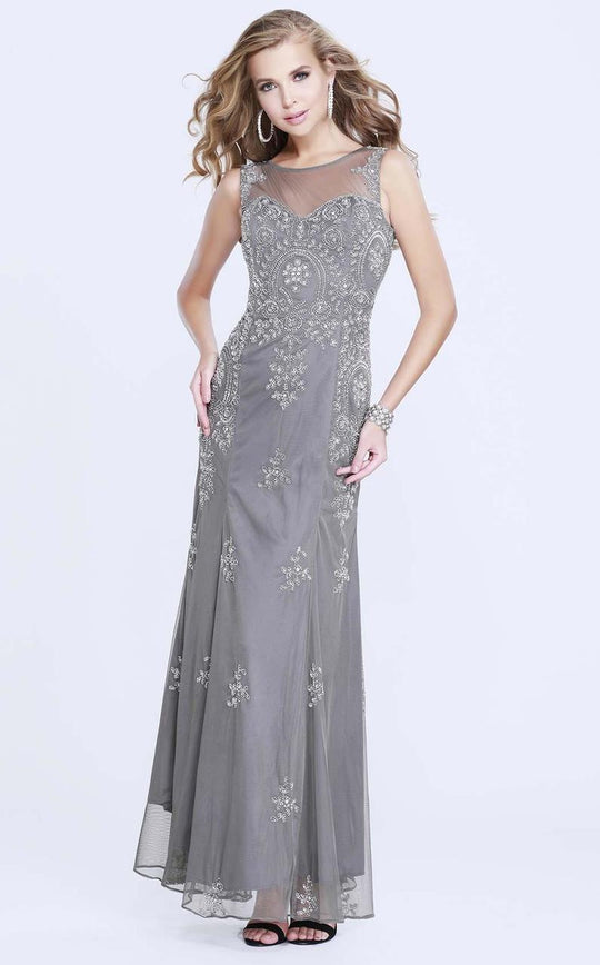 Shail K - 1284 Bead Festooned Illusion Evening Dress In Gray