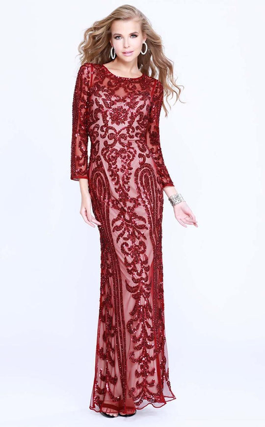 Shail K - 1287 Long Sleeve Sequined Illusion Evening Dress In Red
