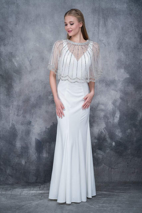 Nina Canacci - 8151 Caped Crystals Fluttering Evening Dress In White