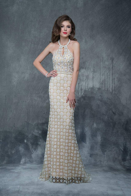 Nina Canacci - 8153 Shimmering Halter Embellished Evening Gown  In White and Neutral