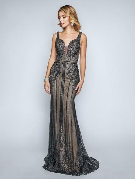 Nina Canacci - 8158 Embellished Deep V-neck Trumpet Dress In Black and Nude
