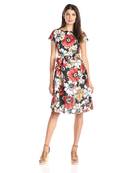 Anne Klein - 10576398 Floral Bateau Neck A-Line Dress in Multi-color and Floral