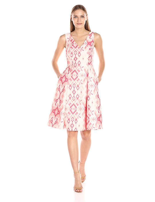 Adrianna Papell - AP1D100814 Jacquard Printed V-neck A-line Dress in Red and Multi-Color