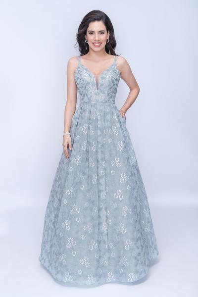 Nina Canacci - 1442 Beaded Floral Lace Deep V-neck A-line Dress