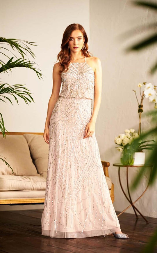 Adrianna Papell - 91907930 Bedazzled Halter Blouson Sheath Dress in Pink