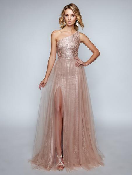 Nina Canacci - 8165 Embellished One Shoulder Mesh A-line Dress