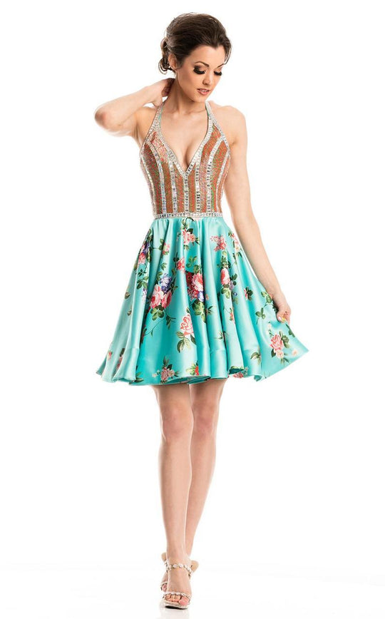 Johnathan Kayne - 7202 Halter Neck Floral Print Short Dress in Blue and Multi-Color