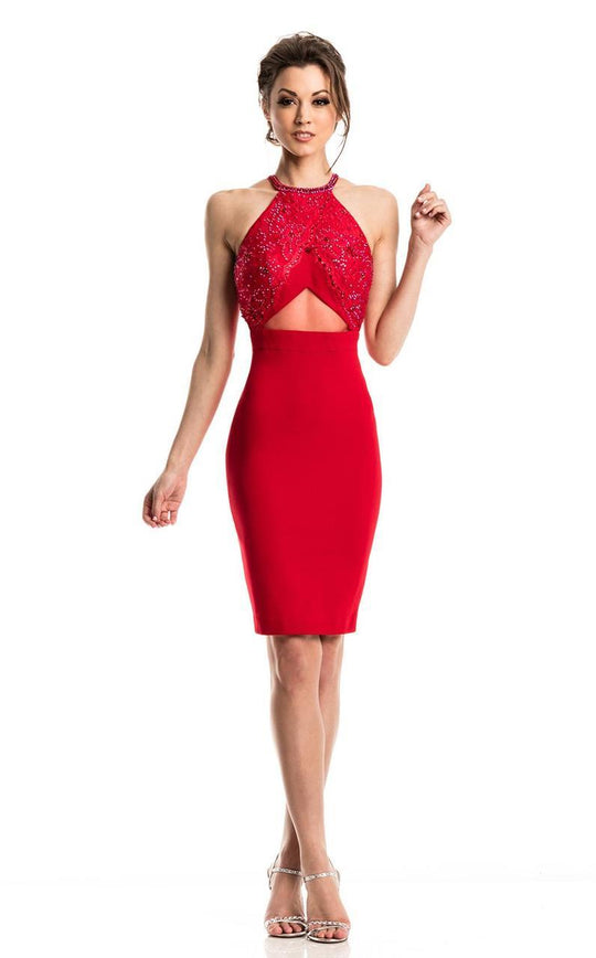 Johnathan Kayne - 7211 Bedazzled Halter Sheath Dress in Red