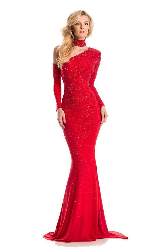 Johnathan Kayne - Fitted Embellished Asymmetric Trumpet Dress 7215 in Red