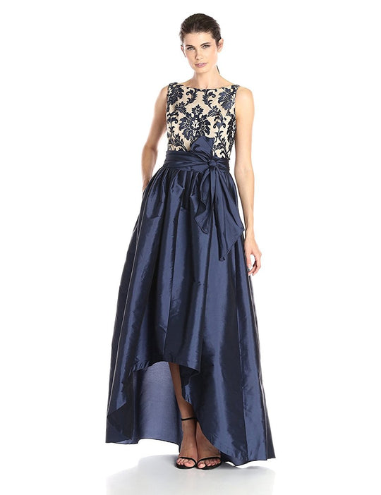 Adrianna Papell - 81928510 Sleeveless Floral Bateau Hi-Low Ballgown in Blue and Neutral