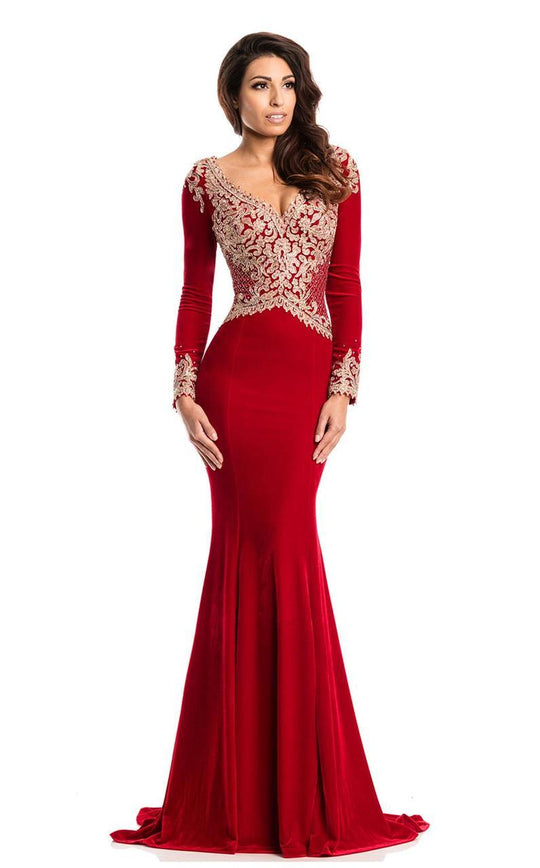 Johnathan Kayne - 7218 Embellished Long Sleeves Trumpet Gown in Red and Gold