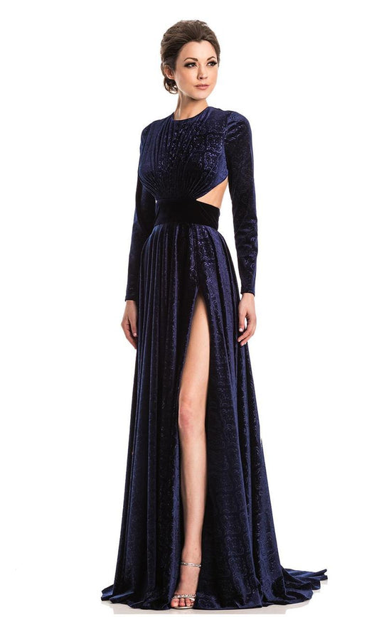 Johnathan Kayne - 7219 Embossed Jewel Long Sleeves Evening Gown in Blue