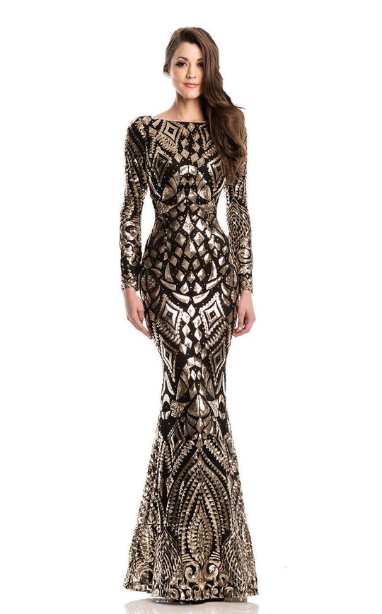 Johnathan Kayne - 7241 Long Sleeve Gold Embellished Evening Gown  in Black and Gold