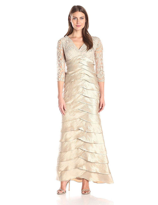 Adrianna Papell - 81926720 Shutter Pleats Lace Long Dress in Neutral