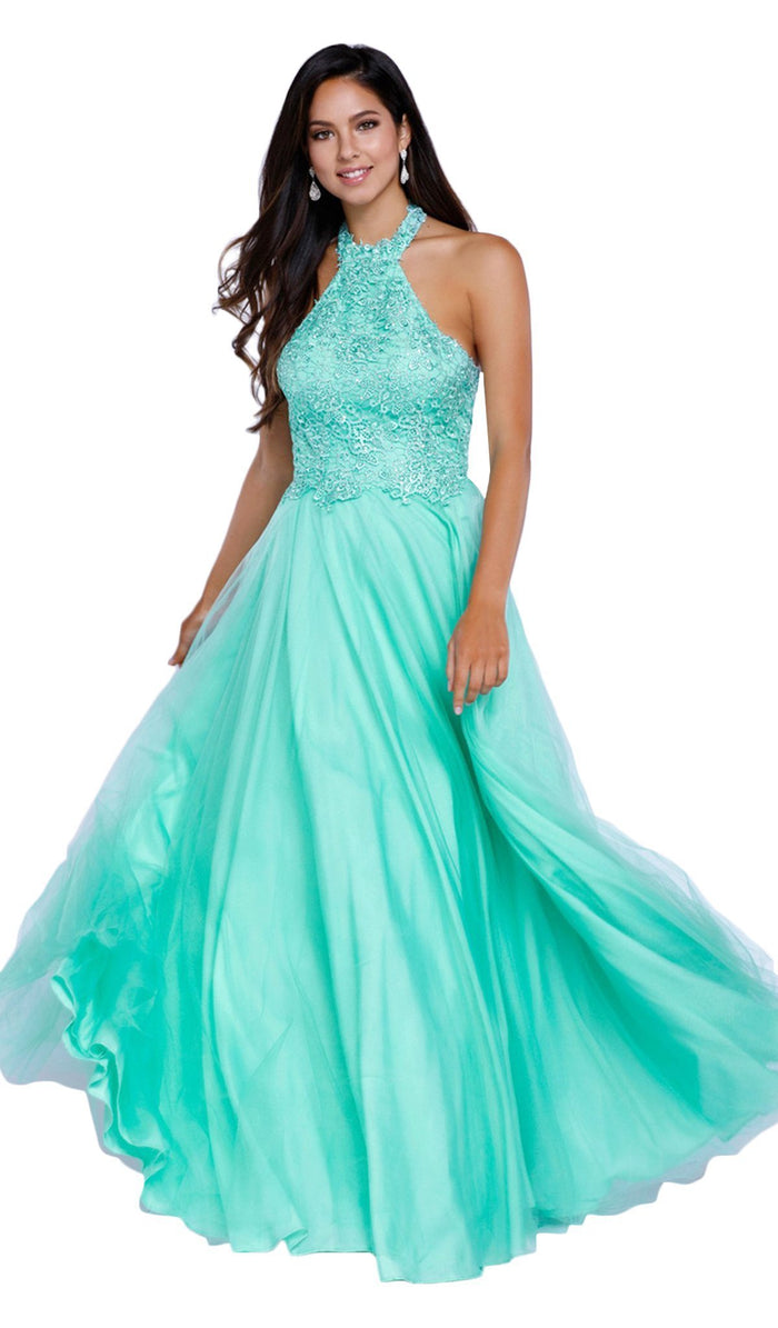 Lace Embroidered Bodice Halter Long Gown