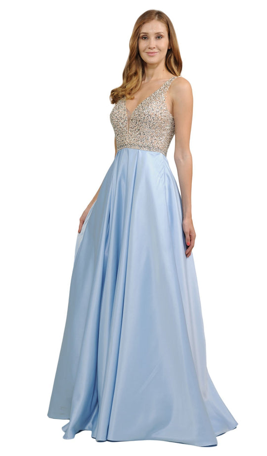 Poly USA - 8182 Plunging V-Neck Bejeweled Bodice Satin A-Line Dress in Blue