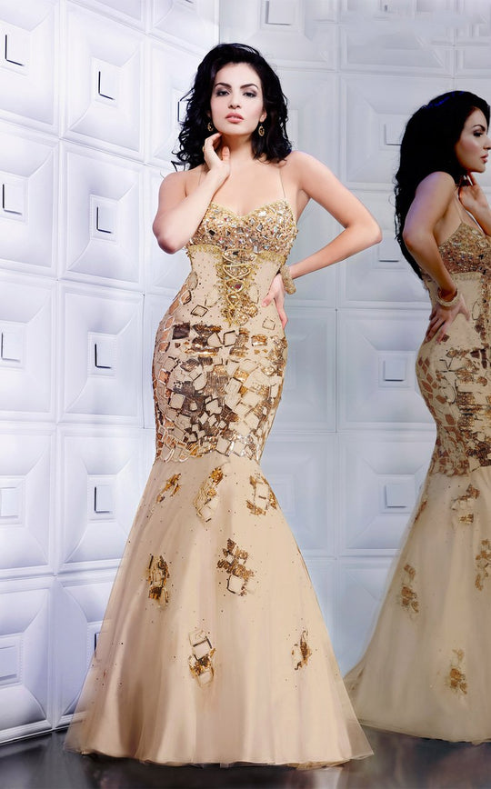 MNM Couture - 8182W Crystal Embellished Mermaid Gown In Gold