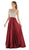 Poly USA - 8182 Plunging V-Neck Bejeweled Bodice Satin A-Line Dress in Burgundy