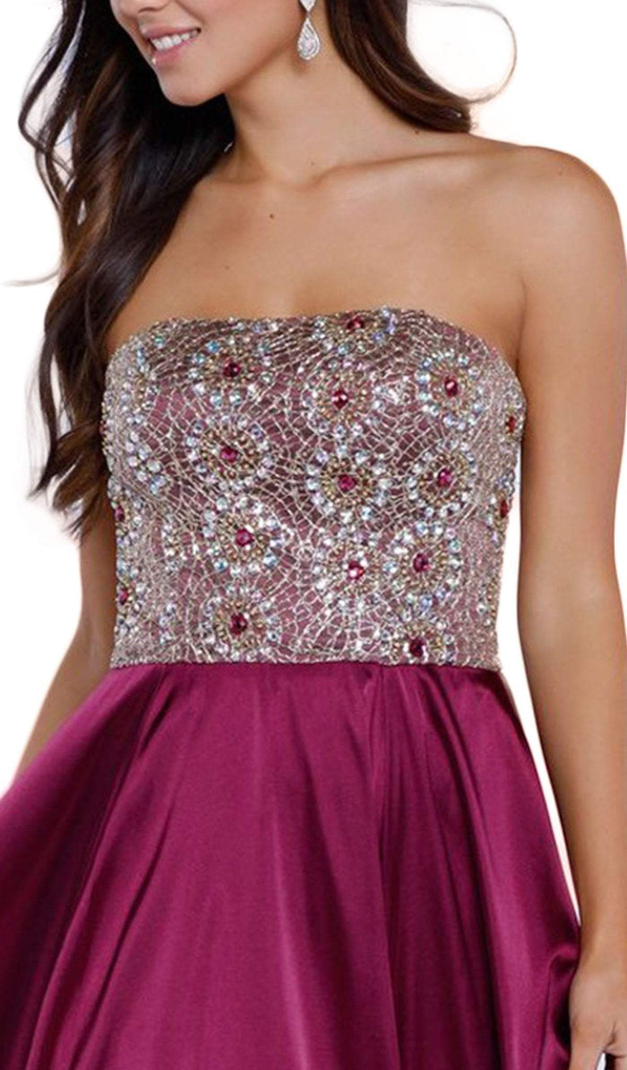 Metallic Embellished Strapless Long Evening Gown