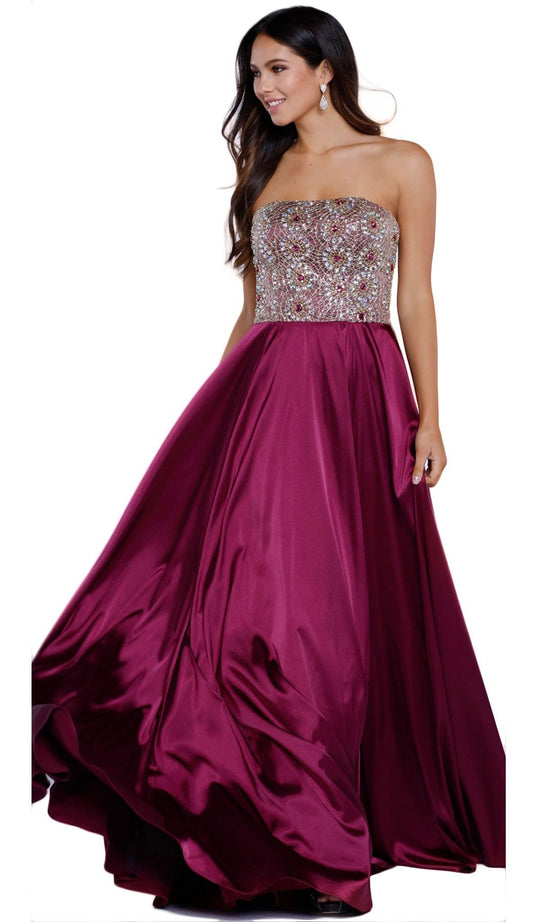 Metallic Embellished Strapless Long Evening Gown