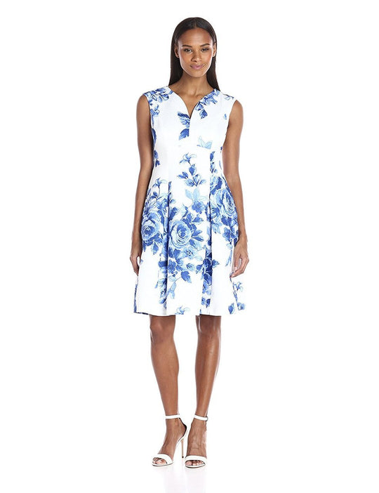 London Times - L2138M Floral Print A-line Dress in White and Blue
