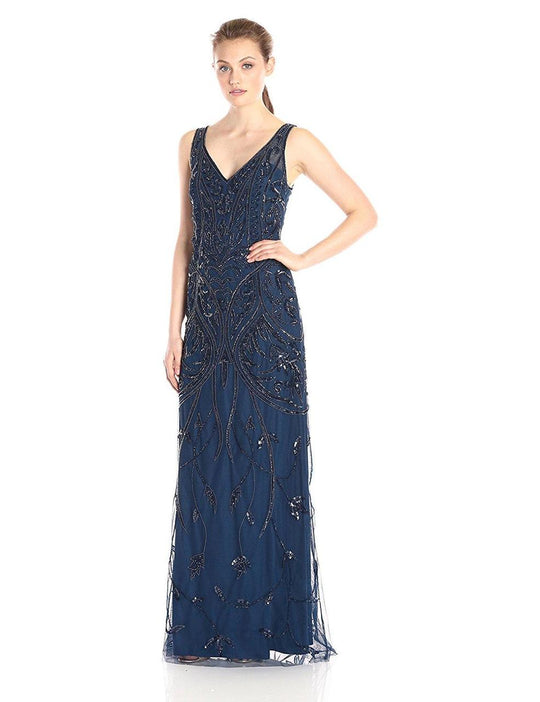 Adrianna Papell - Embroidered V Neck Long Dress 091915620 in Deep Blue