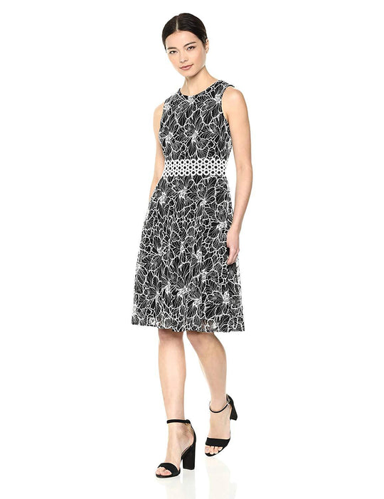 Taylor - 9777M Sleeveless Floral Print Lace Waist Dress In Black and White