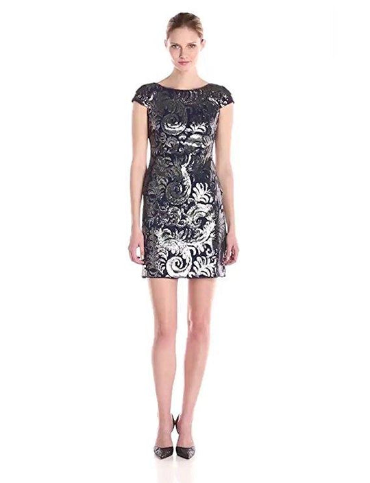 Adrianna Papell - 41900140 Swirled Sequined Sheath Cocktail Dress in Blue and Gray