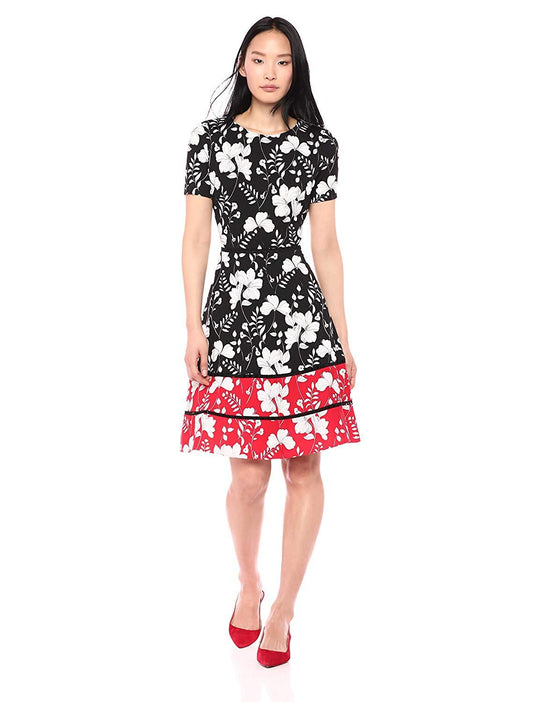 Taylor - 1204M Short Sleeves Floral Print Stretch Crepe Dress In Black and Multi-Color