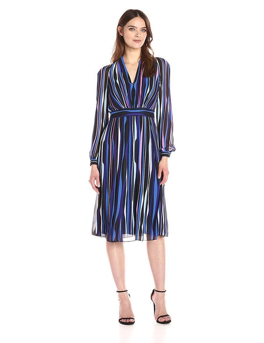 Anne Klein  - 10635238 Multi-Color Printed Long Sleeved Dress in Black and Blue