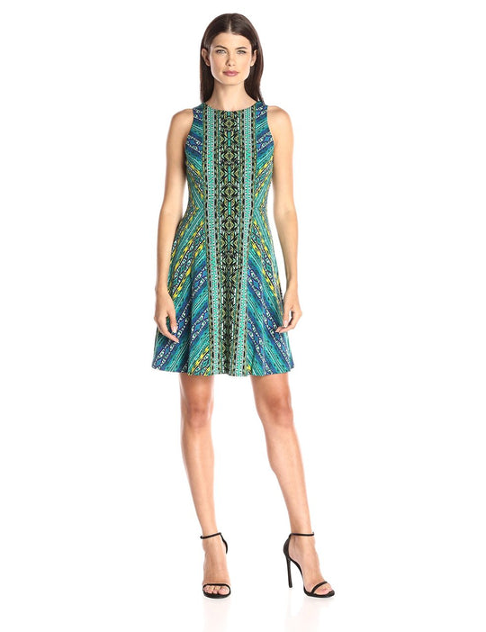 Maggy London - G2482M Sleeveless Tribal Print A Line Dress in Green and Multi-Color