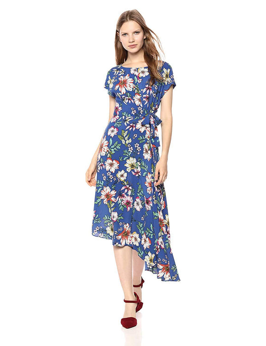 Donna Morgan - D6244M Floral Print Jewel Neck A-line Dress In Blue and Multi-Color