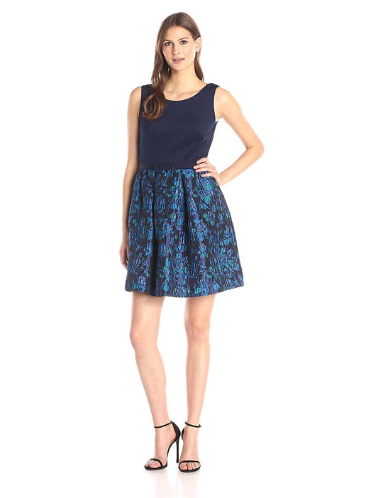 Taylor - 5761M Scoop Sleeveless Floral A-Line Cocktail Dress in Blue