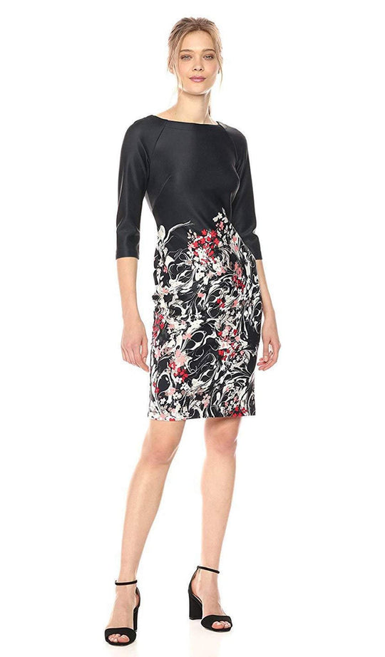 Taylor - 9344M Floral Print Bateau Scuba Sheath Dress In Black and Pink