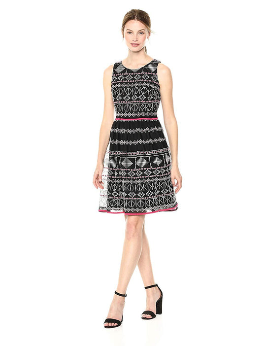Taylor - 9722M Sleeveless Piped Multi-Print A-Line Dress In Black