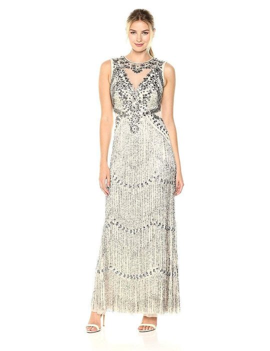 Aidan Mattox - MD1E200821 Sleeveless Illusion Tiered Fringe Gown in Neutral