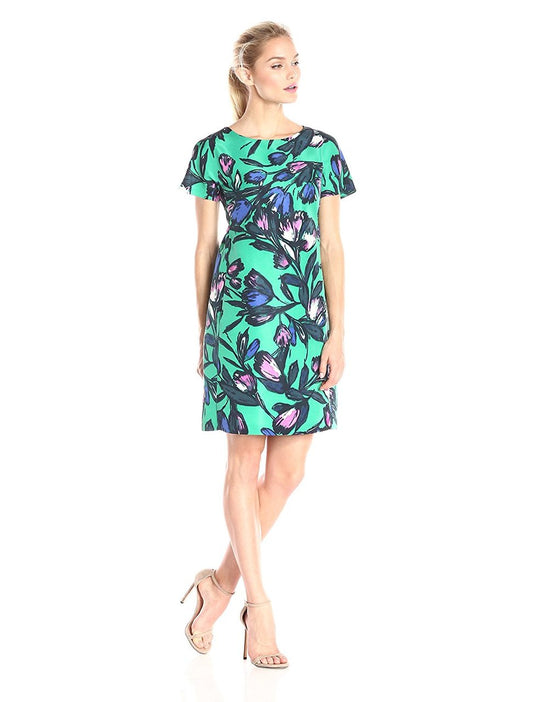 Donna Morgan - D4016M Printed Bateau A-line Dress in Green and Multi-Color