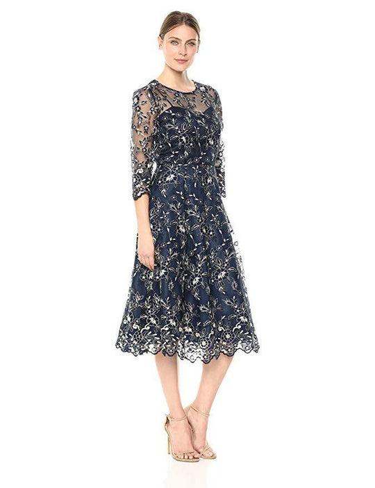 Alex Evenings - 117576 Floral Embroidered Quarter Sleeve Mesh Dress
