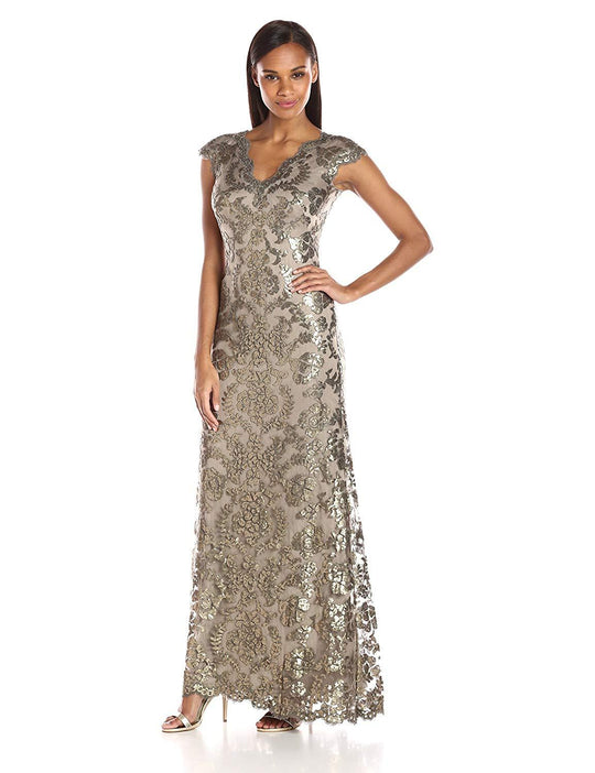 Tadashi Shoji - Scallop-Fringed V-Neck Sequined Gown In Gray and Gold