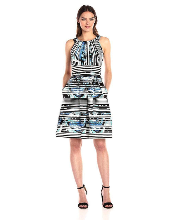 Nine West - 10637622 Halter Pleated Cotton Cocktail Dress in Blue and Multi-Color