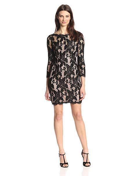 Adrianna Papell - 41895510 Crochet Lace Sheath Cocktail Dress In Black and Nude