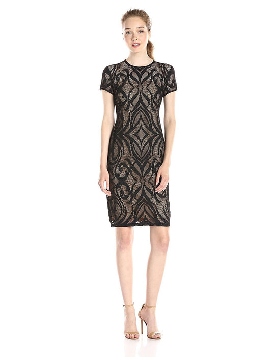Taylor - Lace Jewel Neck Pencil Cut Dress 5677M in Black