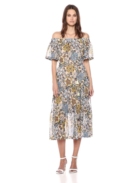 Taylor - 9700M Tea Length Off Shoulder Paneled Floral Dress In Floral