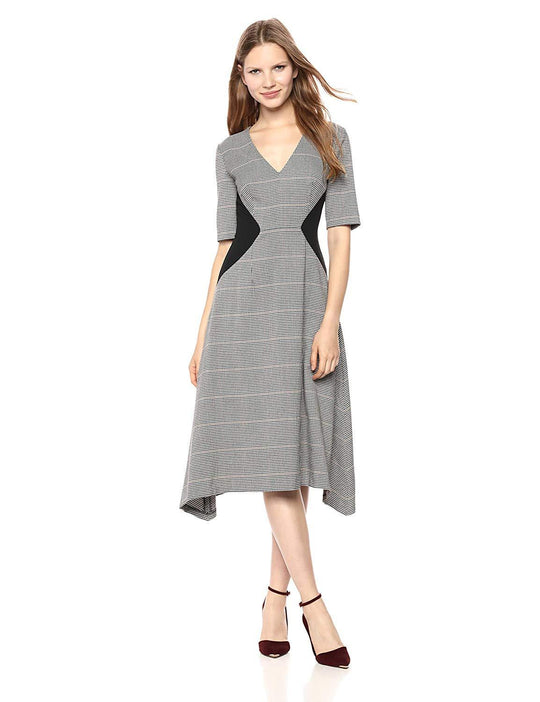 Donna Morgan - D6296M XD V-neck Tweed High Low A-line Dress In Brown and Multi-Color