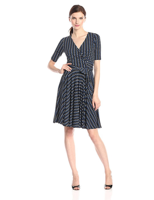 Donna Morgan - D2979M Abstract Printed V-neck A-line Dress in Black and Blue