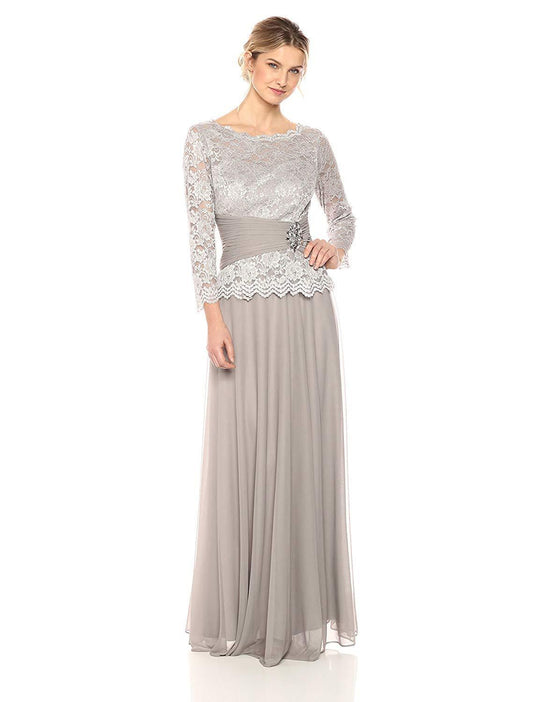 Cachet - 57727 Quarter Sleeve Lace Peplum A-Line Gown In Silver