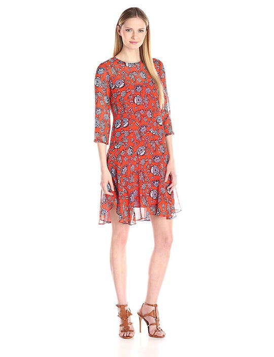 Donna Morgan - D4061M Floral Print Chiffon A-line Dress in Orange and Multi-Color