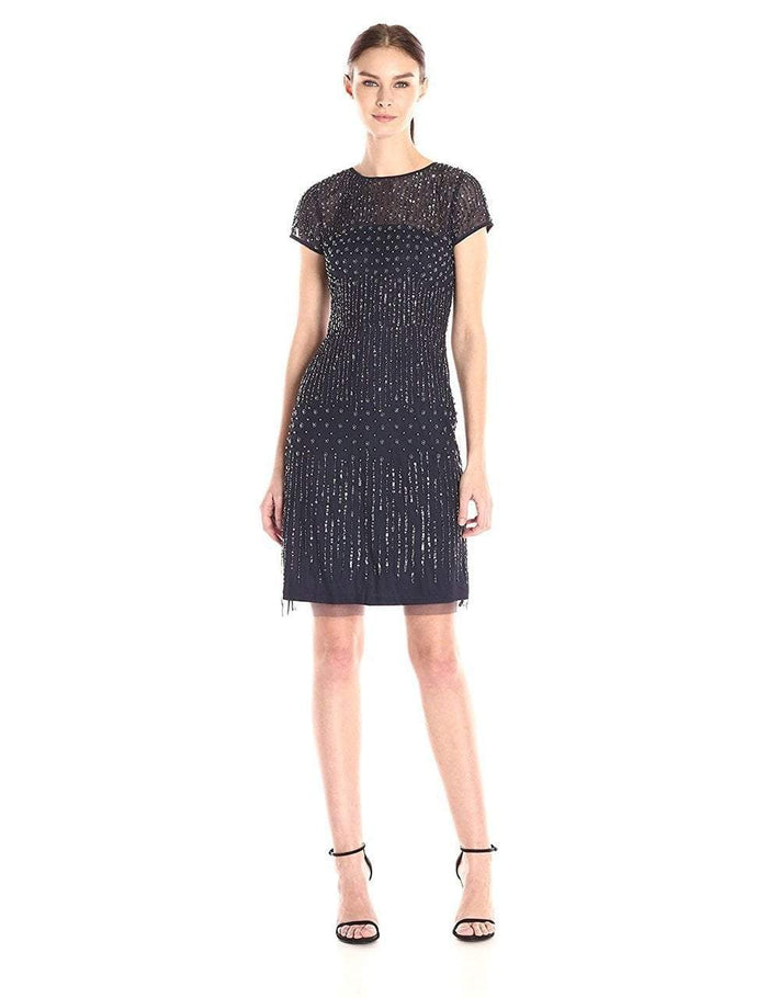 Adrianna Papell - 41926810 Cap Sleeve Rivulet Beaded Sheath Dress in Blue